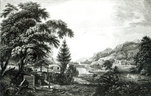 Um projeto para representar o início e a conclusão de um assentamento americano ou fazenda, de &39;Scenographia americana&39;, gravada por James Peake, 1768 de Paul Sandby